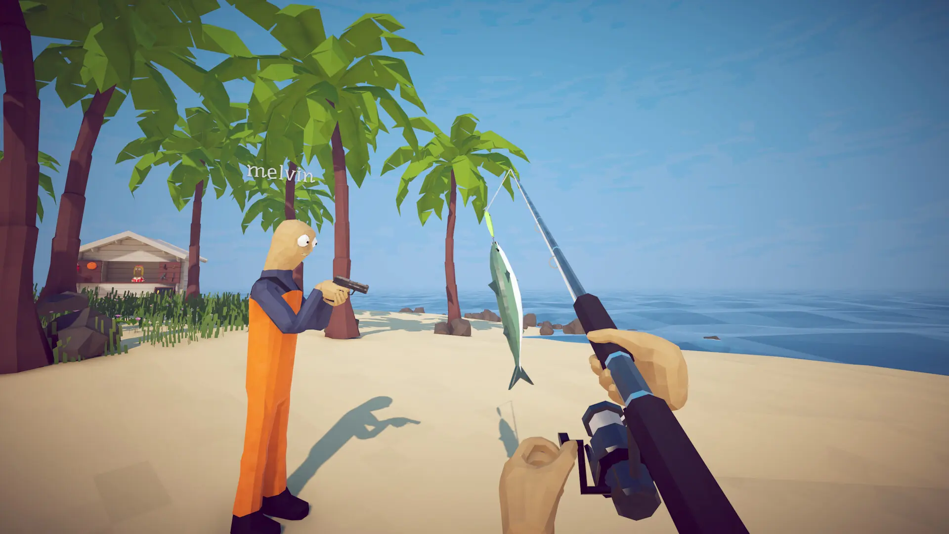 Official How to Fish gameplay screenshot showing players fishing and exploring a tropical shore